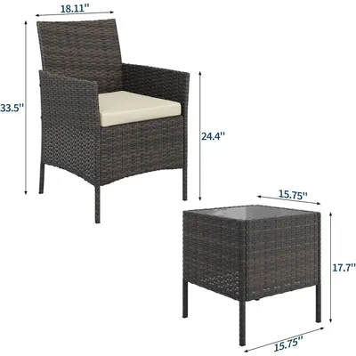 Image de Ensemble de mobilier de jardin en rotin - Set de balcon composé d'une table et de 2 chaises - Ensemble de salon résistant aux intempéries - Mobilier d'extérieur pour terrasse - Couleur : marron