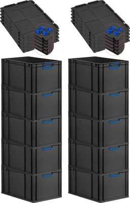 Produktbild von SparSet 10x Eurobox NextGen Color mit Auflagedeckel und Schiebeschnappverschlüsse | HxBxT 32x40x60cm | 65 Liter | Schwarz | Griffe blau geschlossen | Verstärkter Boden | Eurobehälter, Transportbox, Transportbehälter, Stapelbehälter