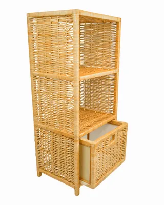 A wicker storage unit with shelves and a drawer.