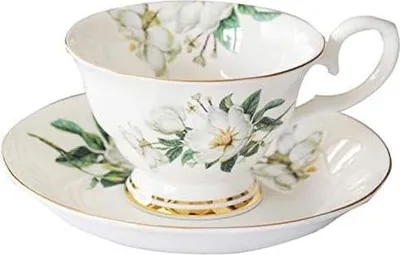 Produktbild von Floral Kaffeetasse aus Bone Porzellan - Europäische Tasse mit Untertasse, Vintage Blumendesign, 200 ml - Nachmittagstee Party Supplies (A)