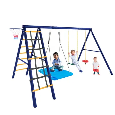 Produktbild von Multifunktionales Outdoor-Schaukel-Set–3 Schaukeln+Klettergerüst+Basketballkorb,Outdoor-Schaukel-Kombination,Hängeschaukel,Kletterseil-Schaukel