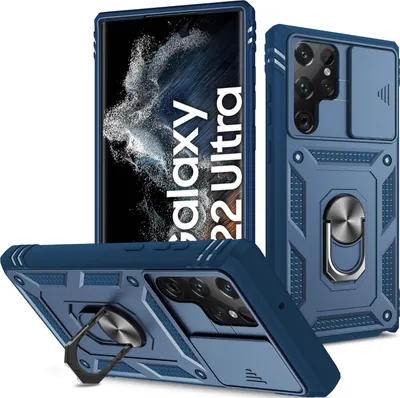 Obrázek produktu pro Pouzdro pro Samsung Galaxy S23 Ultra posuvná ochrana kamery, robustní nárazuvzdorné, s držákem prstenu, stojánkem a držákem na karty modré