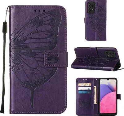 Produktbild von Galaxy A33 5G Hülle, Schmetterling Prägung Flip Leder Kartenfächer Schutzhülle Ledertasche mit Ständer für Samsung Galaxy A33 5G Lila