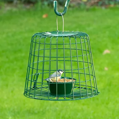 Produktbild von CJ Wildlife Vogelhaus zum Aufhängen - 2-in-1-Futterstelle mit Schutzgitter - Metall, grün - hängend oder Stabmontage - schützt vor großen Vögeln