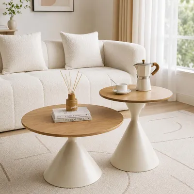 Produktbild von Couchtisch rund 2er Set, Beistelltisch Set mit Holzoptik Tischplatte und Metallfuß, Moderne Satztische Kaffeetische für Wohnzimmer, Schlafzimmer