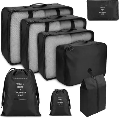 Produktbild von Koffer Organizer Set, 8-teilig Packtaschen, Packing Cubesfür Kleine, mittelgroße, große kleidertaschen, Kosmetik Tasche und Schuhbeutel Wasserdicht Reisen Organizer Tasche (Schwarz)