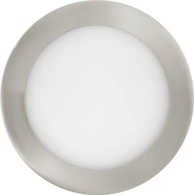 A close-up, top-down view of a single, round, recessed light fixture with a brushed nickel-colored trim and a white diffuser.