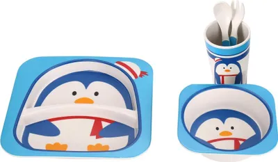 Image de Set de vaisselle pour enfants 5 pièces en bambou en motif de pingouin - robuste & coloré
