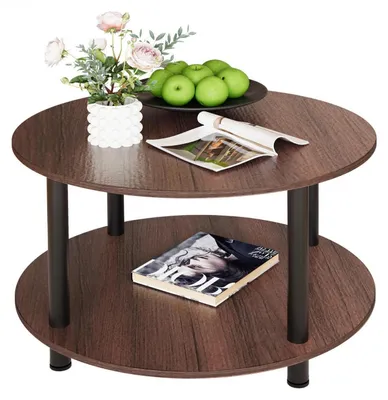 Immagine prodotto di Tavolino rotondo con 2 ripiani, dimensioni 60 x 60 x 48,5 cm, in legno noce, MDF/metallo