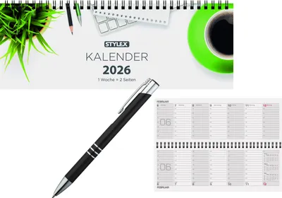 Produktbild von Schreibtischquerkalender 2026 / 56 Blatt / 1 Woche = 2 Seiten + Kugelschreiber