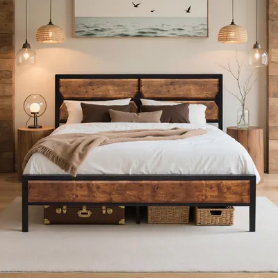 Productafbeelding van VECELO bedframe, 140x200 cm, metalen en houten tweepersoonsbed met lattenbodem, geluidsarm