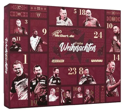 Obrázek produktu pro Prémiový adventní kalendář 2026 pro hráče steel darts 24 okének RedDragon Winmau a 42 x 34 x 7 cm
