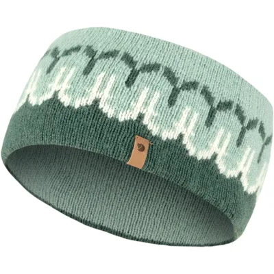 A knitted headband with a patterned design.