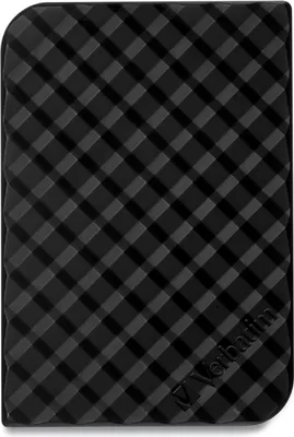 A close-up, top-down view of a black external hard drive with a checkered pattern. The Verbatim logo is visible in the bottom right corner.
