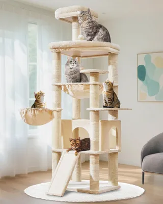 Produktbild von Kratzbaum XXL, 183 cm, 5 Kratzsäulen, Höhlen, Plattform, Hängematte, Plüschbälle, für Katzen