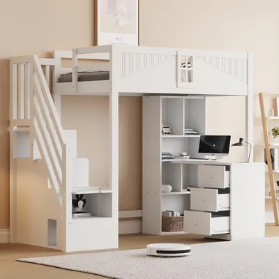 Image de Sweiko Lit mezzanine en bois massif 90 x 200 cm, Barrière de sécurité unique avec fenêtre, Avec armoires de rangement, bureau et tiroirs, Échelle de sécurité latérale de rangement Interchangeable à gauche ou à droite, Blanc