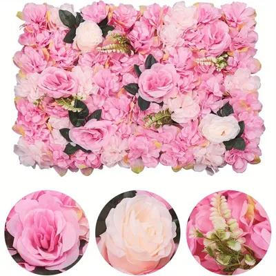 Image de Décoration murale en roses - Panneaux de roses en soie - Décoration murale en fleurs artificielles - Mur de fleurs - Roses artificielles - Rose foncé