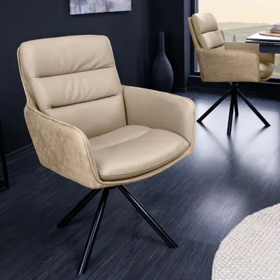 Produktbild von riess-ambiente Drehbarer Stuhl BIG GEORGE beige schwarz Echtleder Microfaser Metallbeine mit Armlehne
