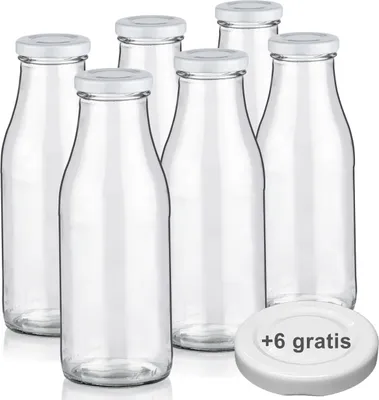 Produktbild von Milchflaschen 0,5L Smoothie Saft Flaschen 500ml leere Glasflaschen Deckel BPA frei, 6 Milchflaschen mit 12 Deckeln