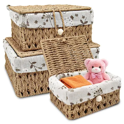 Produktbild von Aufbewahrungskörbe 3 Stücke, mit Deckel, stapelbar, Rattan, für Badezimmer