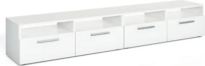 A white, modern, long TV stand with multiple drawers and open shelves.