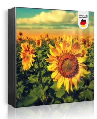 Produktbild von banjado Schlüsselkasten aus Metall, 30x30cm groß mit 32 Haken, als Magnettafel nutzbar, Korpus schwarz, Anschlag rechts, Sonnenblumen [SKG1 10886]