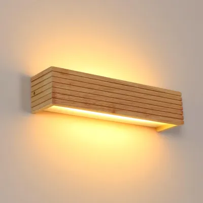 Image de Applique murale intérieure en bois, 18W, 2025 lumens, lumière LED, 3000K – Style B – Bois naturel, 3000K
