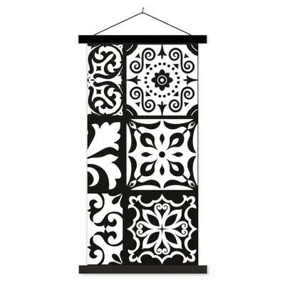 Produktbild von MuchoWow® Textilposter Muster - Schwarz - Weiß - Blumen - Abstrakt 90x180 cm mit schwarzem Rahmen - Dekoration Wohnzimmer