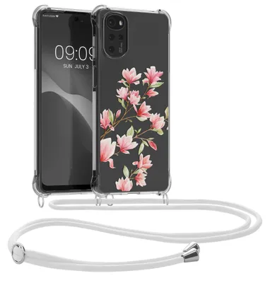Produktbild von kwmobile Necklace Case kompatibel mit Motorola Moto G22 Hülle - Silikon Cover mit Handykette - Rosa Weiß Transparent Magnolien