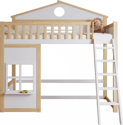Produktbild von Hochbett mit Lattenrost und Trittleiter, 90x200 cm, Kinderbett mit Rausfallschutz, Kiefer