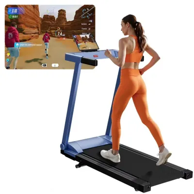 Obrázek produktu pro Běžecký pás - AS03R-B - Skládací - Nastavitelný sklon - Běžecká plocha 112 x 42 cm - 16 km/h - Maximální nosnost 150 kg - Bluetooth a dotykový displej - Modrá/černá