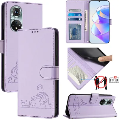 Produktbild von Leder Hülle für Huawei Nova 9/Honor 50 Süße Katze Flip Case Brieftasche Schutzhülle mit Standfunktion Lila