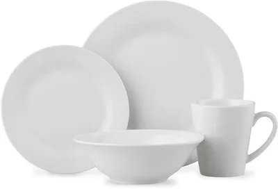 Produktbild von Weißes 16-teiliges Geschirrset, mikrowellengeeignet, 4 Teller, 4 Unterteller, 4 Schalen