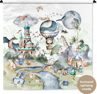 Produktbild von MuchoWow® Wandteppich Wandbehang Kinder - Heißluftballon - Drache - Jungen - Burg - Aquarell 150x150 cm Tapisserie Dekoration Wandtuch - Wohnaccessoires - Modernes