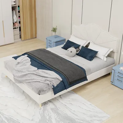 Produktbild von MODFU Jugendbett 140x200 multifunktionale Bettgestell mit Nägelbeschlag und Rippenbettgestell,Kinderbett ohne Gasstange und Matratze,Bettrahmen aus Hollandwollstoff,Beige