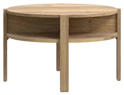 Wohnzimmertisch Couchtisch TOBAGO rund in Eiche mit Holzgestell und offenen Fächern, Gesamtansicht.