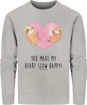 Produktbild von Mr. & Mrs. Panda Organic Pullover Faultiere Herz Größe M - Heather Grey - Geschenk, Sweatshirt, für Freundin, Pulli, Valentinstag, Sweater, Baumwoll, Hochzeitstag, Frauen
