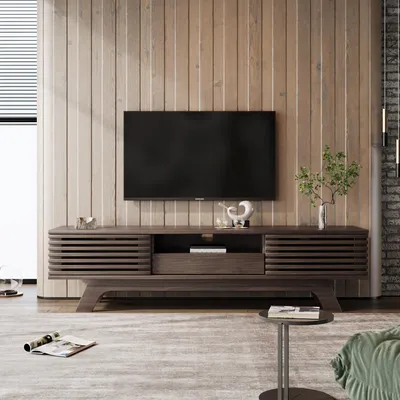 Immagine prodotto di Mobile TV Sweiko con un cassetto e due ante, mobile TV, pannello TV, mobile TV basso, mobile TV. Design unico, colore legno vintage.