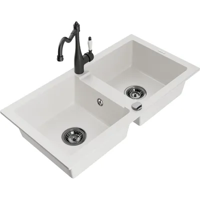 Obrázok produktu pre Mexen Mario granitový dvojkomorový drez s kuchynskou batériou Carla, Biela - 6504-20-670700-70