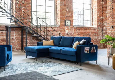 Image de MIUFORM Lofty Lilly - Canapé d'angle avec fonction lit et coffre de lit L-FORME GAUCHE - 236x148cm - Velours bleu marine - Canapé-lit Canapé