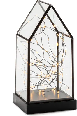 Produktbild von Konstsmide - LED Glaslaterne mit Spitze und schwarzem Holzfundament, mit an/aus Schalter, 6h Timer, schwarz,batteriebetrieben,Innen, 80 bernsteinfarbene Dioden , schwarzes Kabel