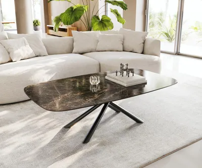 Produktbild von DELIFE Couchtisch Edge Boot 140x80 cm Keramik Emperador Extra Lucidato Dunkelbraun Sarity Metall Schwarz