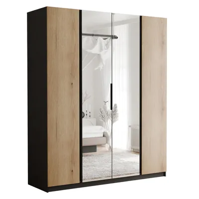 Obrázek produktu pro IDOHOME – čtyřdveřová skříň s otočnými dveřmi VERONA se zrcadlem a zásuvkami – moderní stylová skříň v loftovém stylu, černá