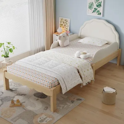 Zdjęcie produktu dla Łóżko tapicerowane 90x200 cm, kolor beżowy, łóżeczko dziecięce z zagłówkiem z pianki PU, barierami po bokach i solidnym stelażem, rama drewniana, idealne do pokoju dziecięcego