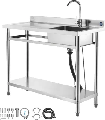 Obrázek produktu pro SucceBuy Nerezový dřez (120 x 50 x 94 cm), jednoplášťový s baterií a poličkou, kuchyňský dřez do garáže, restaurace, prádelny, venkovní dřez s pracovní deskou (vlevo)