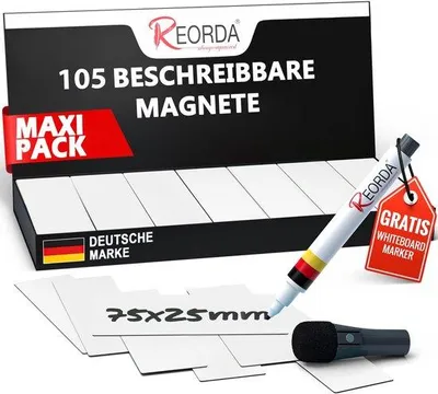 Produktbild von Reorderbare magnetstrips - 105 Stück - 75x25mm (+ Stift) | Schreibbare, beschreibbare Magneten für Whiteboards, Kanbanbretter und Magnettbretter - beschreibbare Magneten für den Kühlschrank