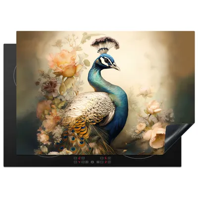 Produktbild von KitchenYeah© Herdabdeckplatte Pfau - Pfauenfedern - Blumen - Botanisch , 75x52cm, Küche Deko, Glaskeramikkochfeld Herdabdeckung, Abdeckplatte fùr Kochfeld
