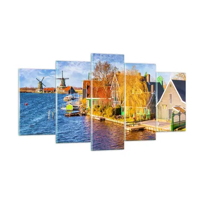 Produktbild von Bilder auf glas - Landschaft Windmühle Wasser Dorf - 160x85cm - Glasbilder - Wandbilder - Kunstdruck - zum Aufhängen bereit - Wanddekoration aus Glas - Glas Bilder - Wandbild auf Glas - GEA160x85-2866