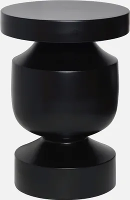 A black metal side table with a round top and base, and a bulbous middle section.