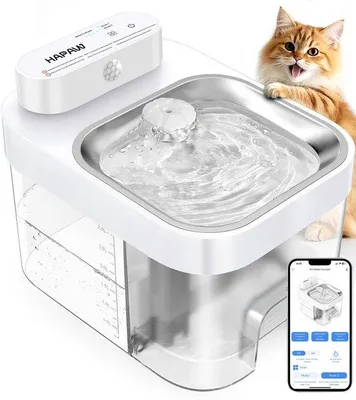 Immagine prodotto di Fontana per gatti con monitoraggio tramite app, sistema di alimentazione dell'acqua da 3 litri e sistema di scarico da 1,35 litri, vasca artificiale per gatti, erogazione automatica dell'acqua a batteria.